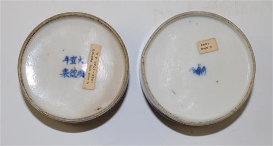 Two Chinese blue and white dragon seal paste boxes and covers, 19th century, diameter 6cm, some damage